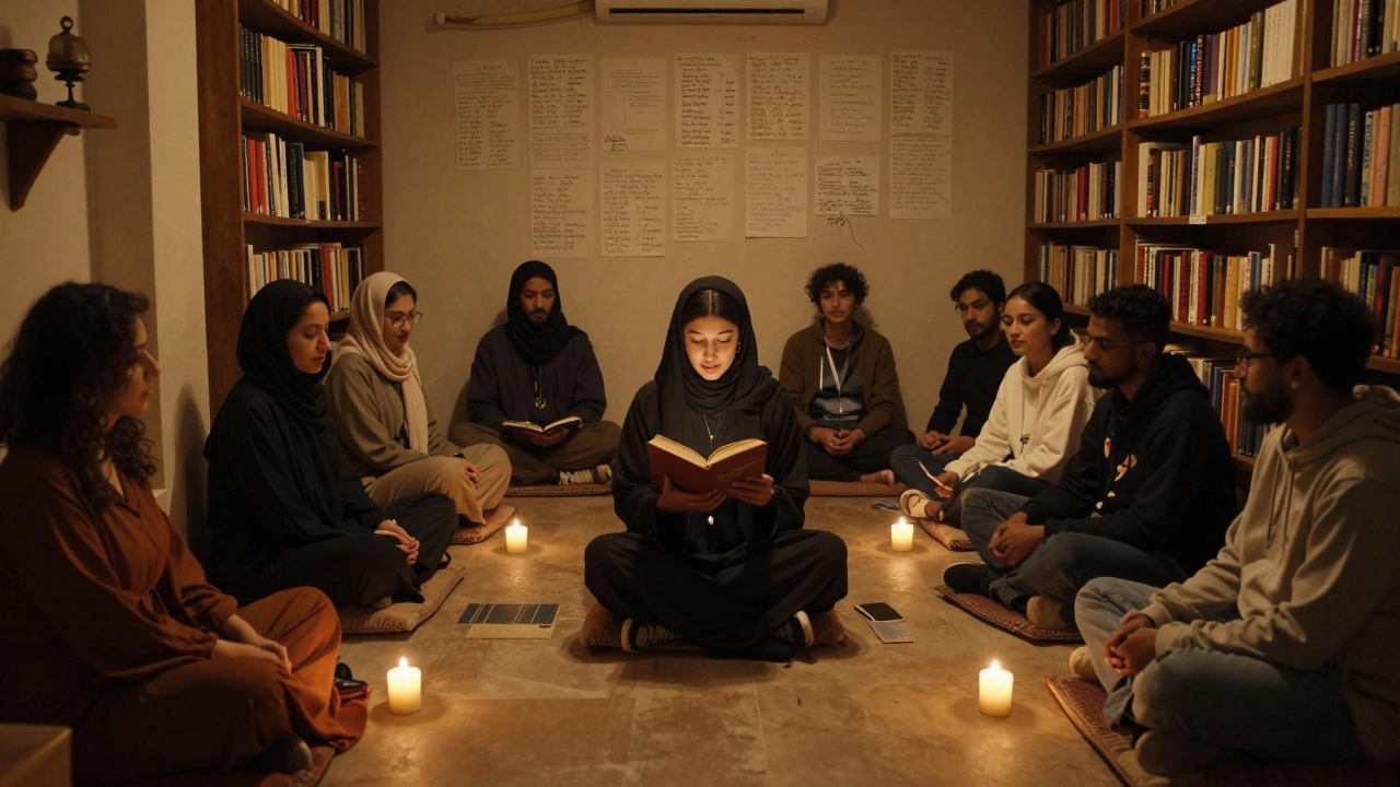 A diverse group gathered in a quiet literary salon, listening to poetry by candlelight.