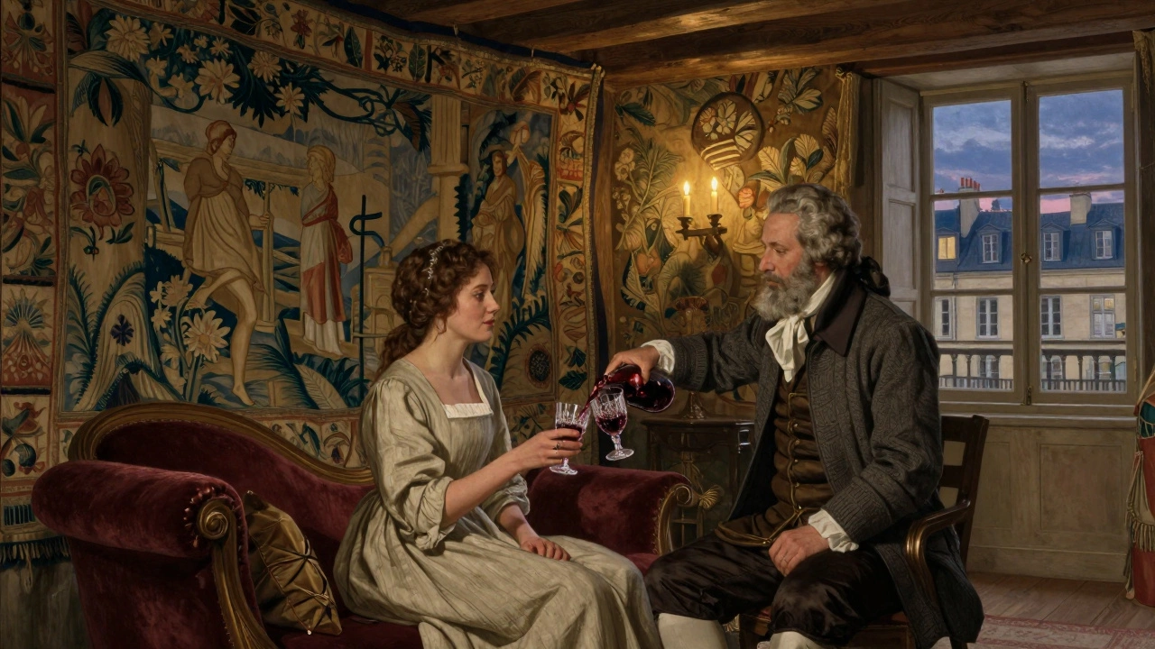 A historian pours wine in a tapestry-lined Parisian room, sharing cultural stories.