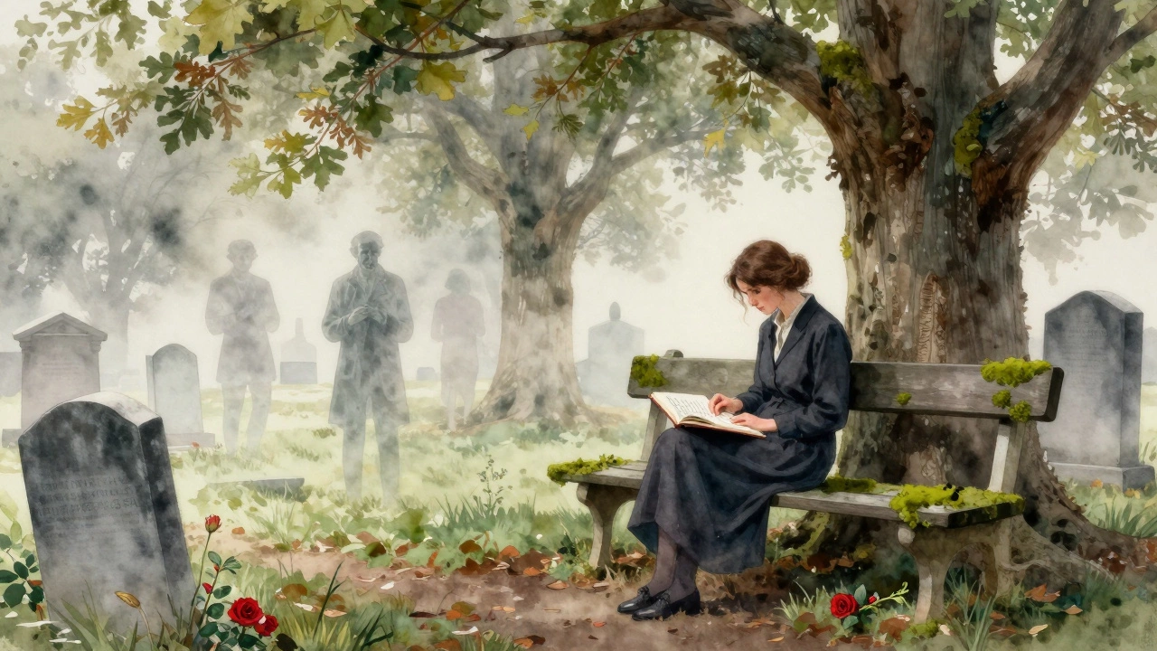 A woman sits alone in Père Lachaise Cemetery, surrounded by mist and literary ghosts.